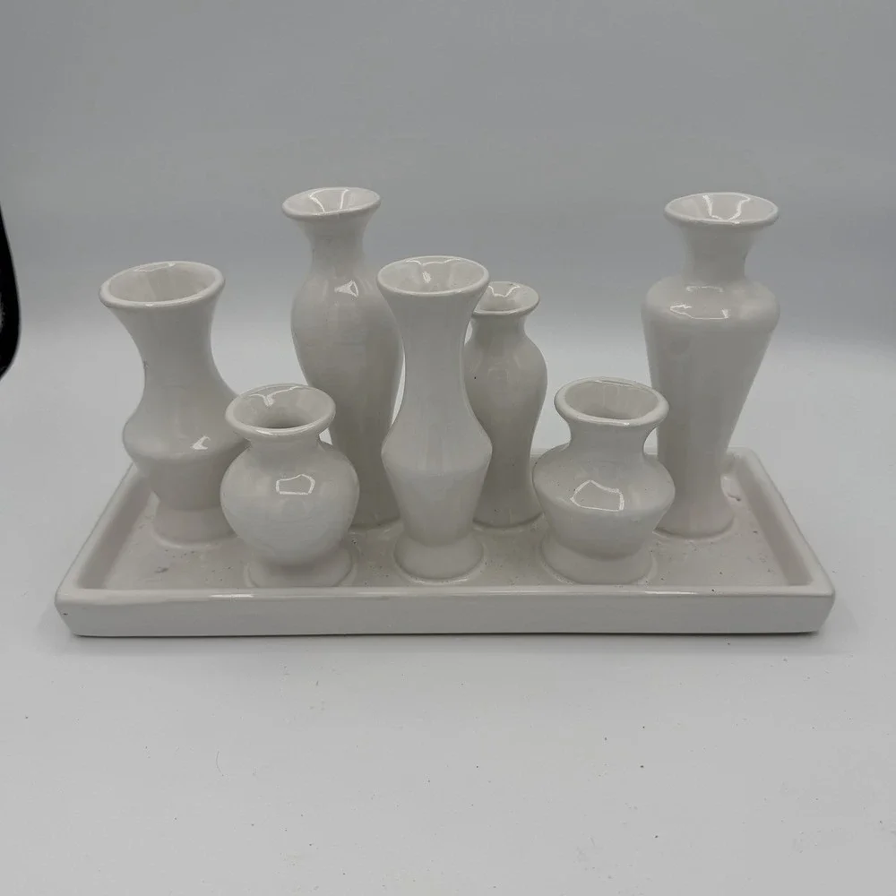Ceramic Bud Vase Set with Seven Attached Vases on Rectangular Tray Cottagecore